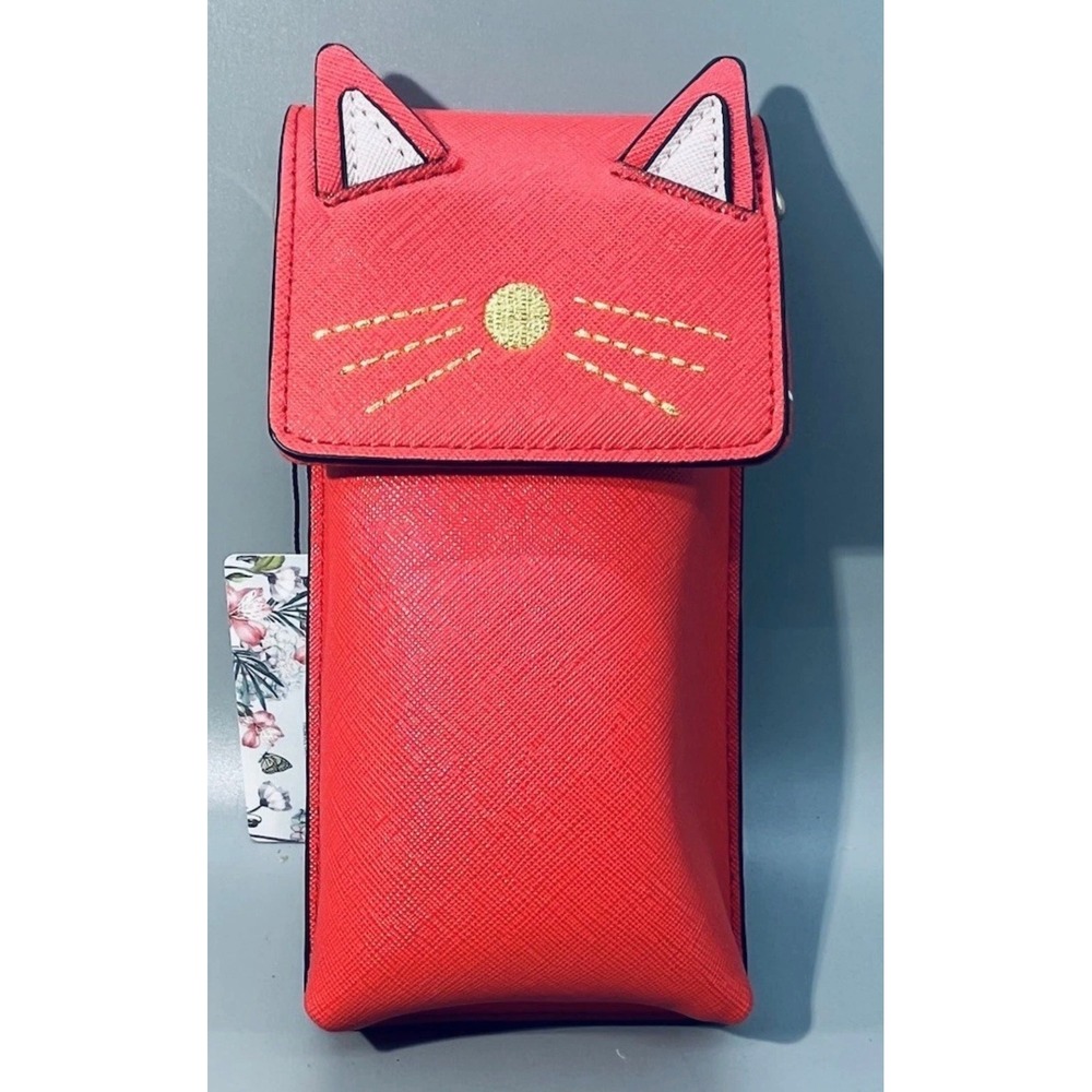 Brentano Cherry Red Cat Face Crossbody Phone Bag Saffiano Faux Leather NIB